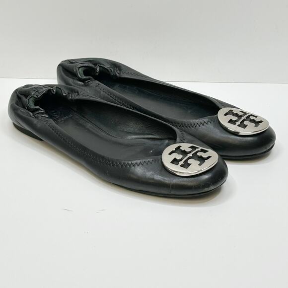 TORY BURCH Minnie Ballet Flats Black Leather Slip On Silver Logo Classic Sz 7 - Picture 1 of 7